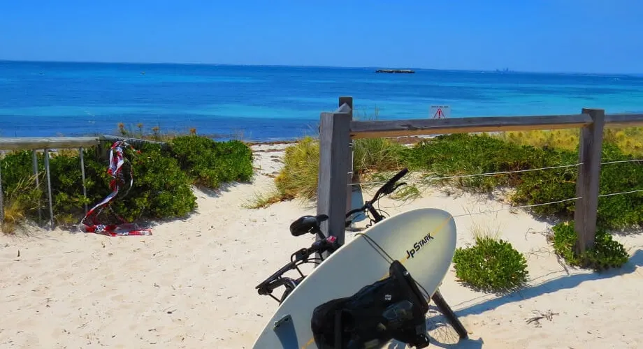 Rottnest Island picture with bicycle and surfboard