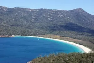 View overlooking Wineglass bay beach in Tasmania 