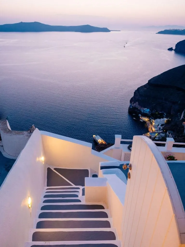 Steps and the caldera at dusk, Santorini