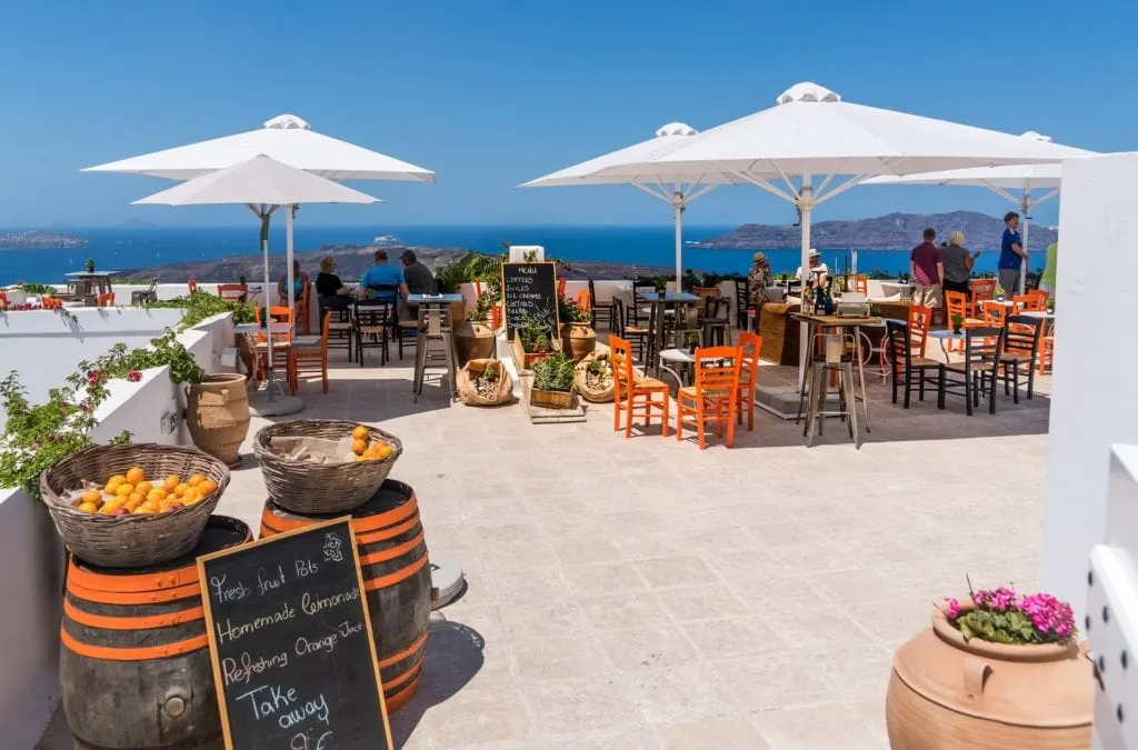Cafe terrace with a view in Santorini