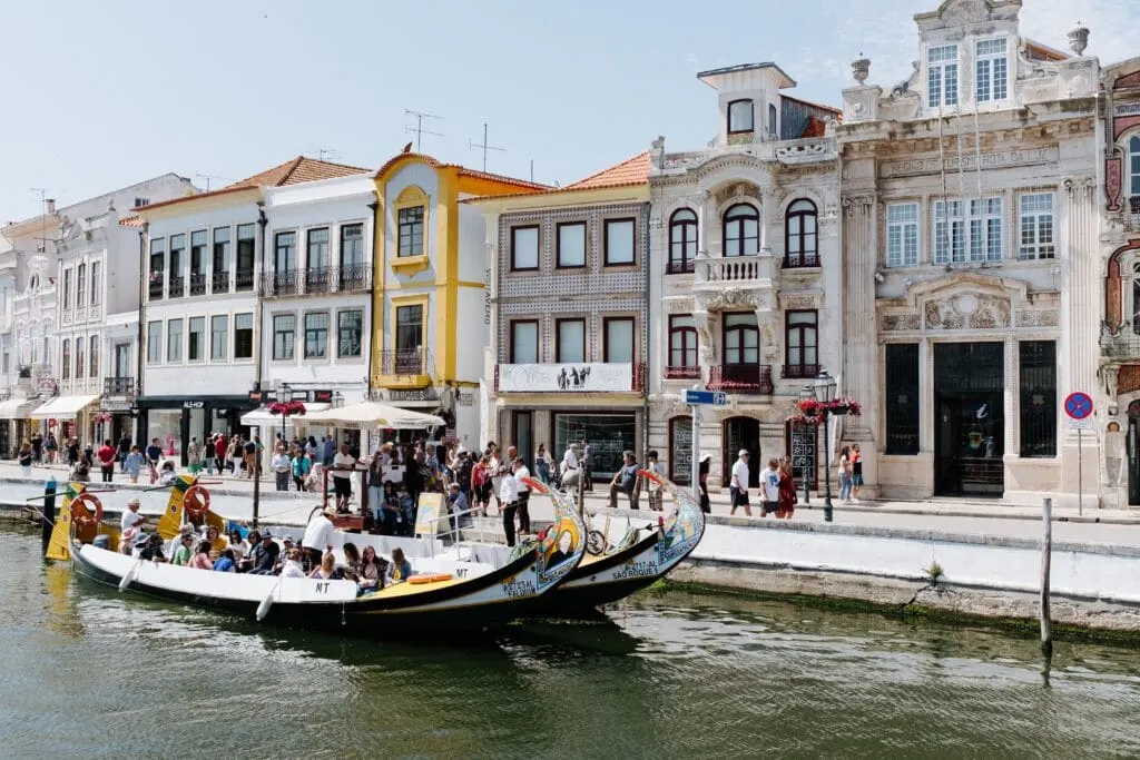 Moliceiro boats on the canal in Aveiro, Portugal